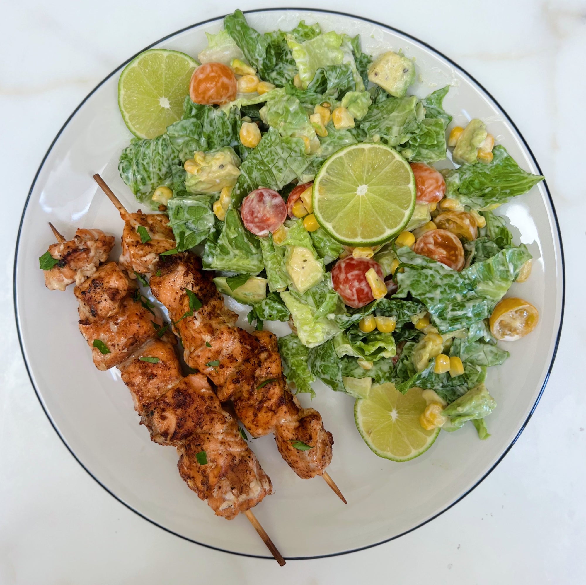 Grilled Salmon Skewers with Chopped Salad