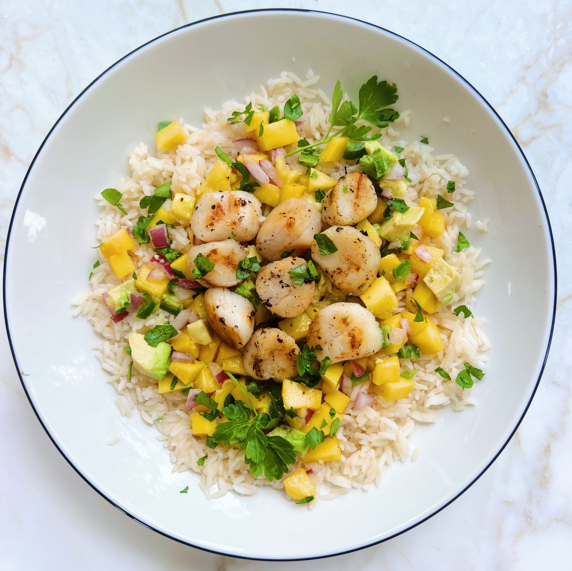 Island Style Grilled Scallops with Mango Salsa and Coconut Rice