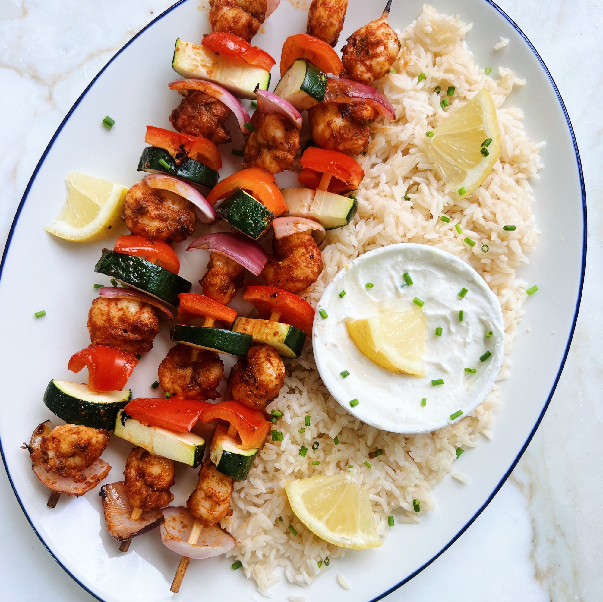 Greek Style Grilled Prawn Kabobs with Rice and Lemon Aioli