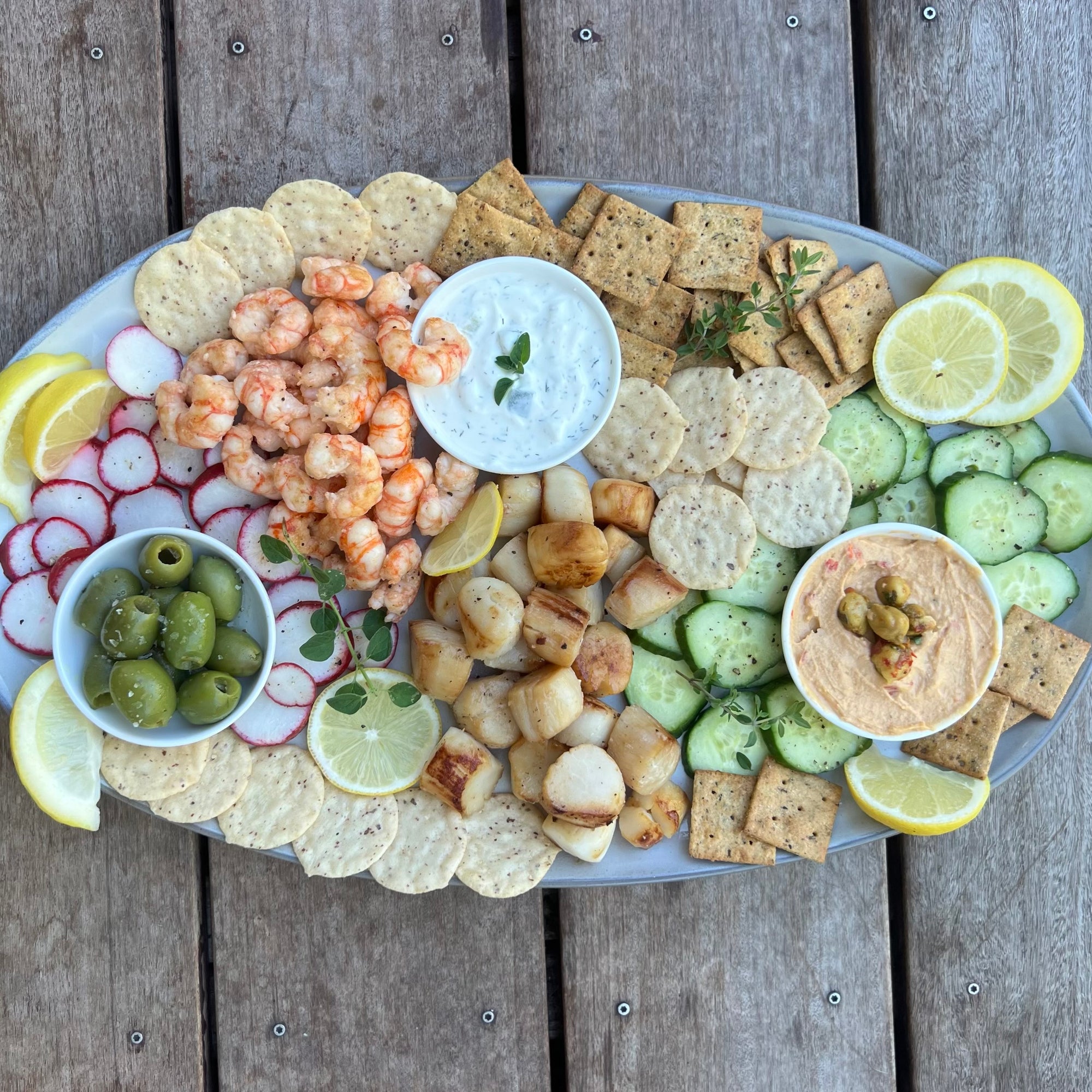 Shellfish Seacuterie Board featuring Scallops and Spot Prawns