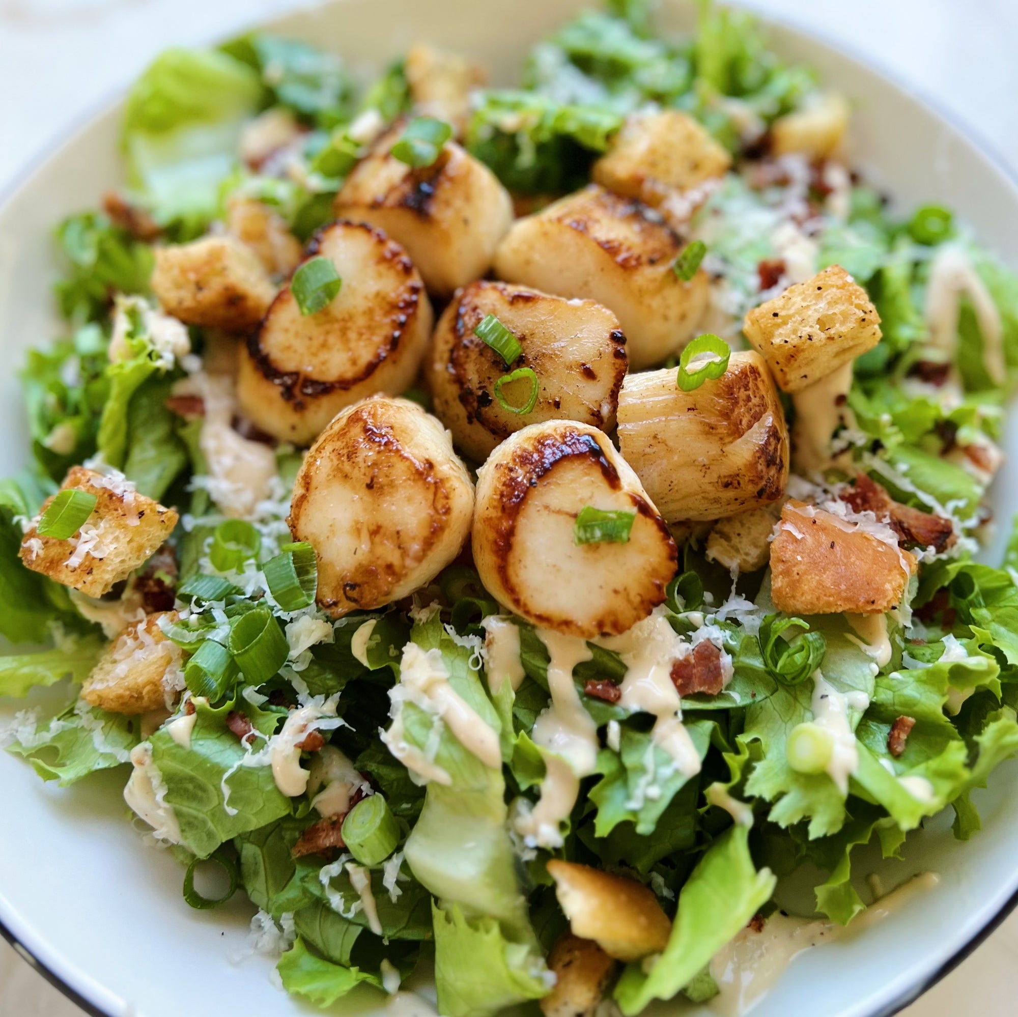 Caesar Salad with Seared Scallops and Bacon