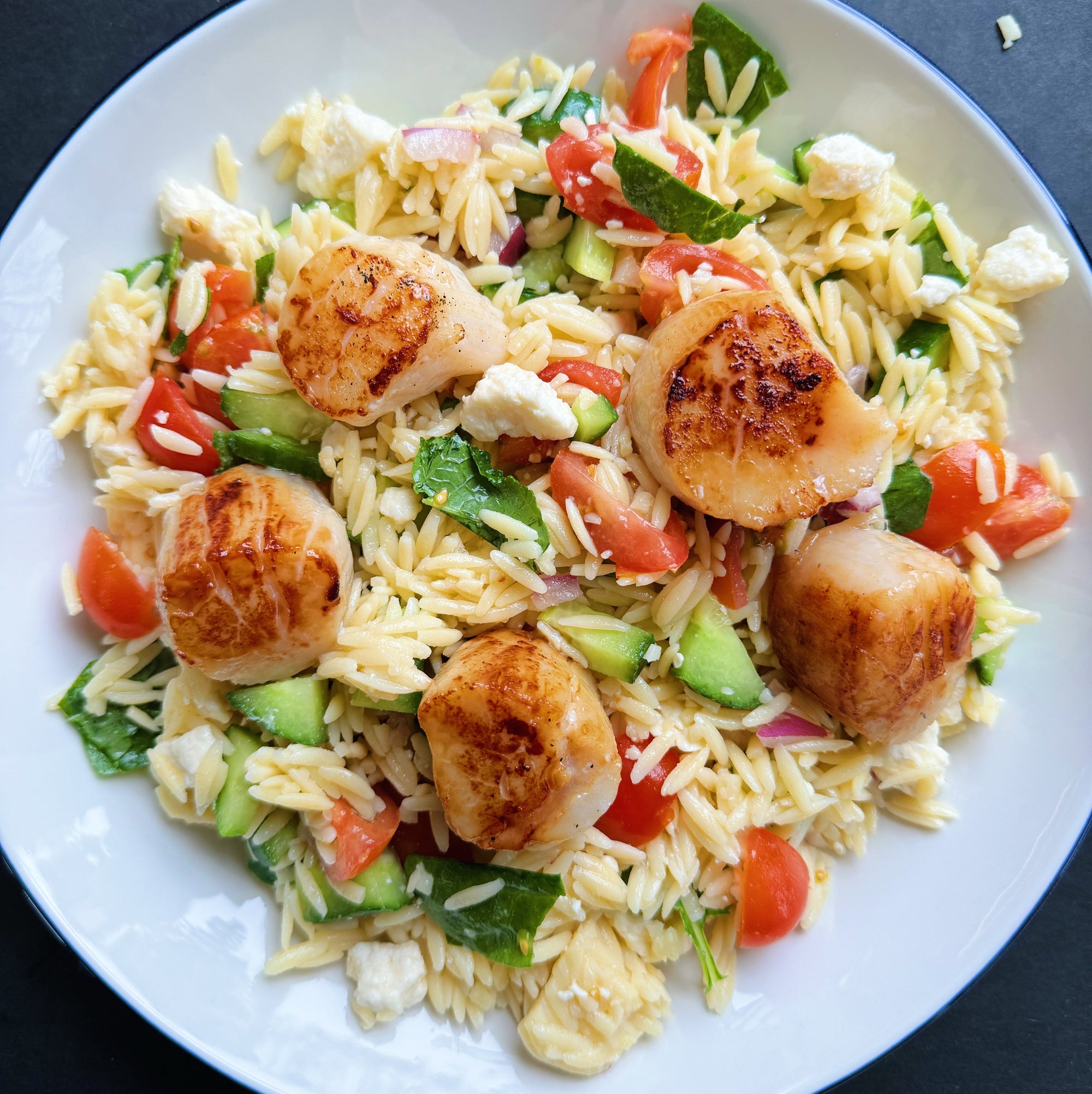 Mediterranean Greek Orzo Salad with Seared Scallops