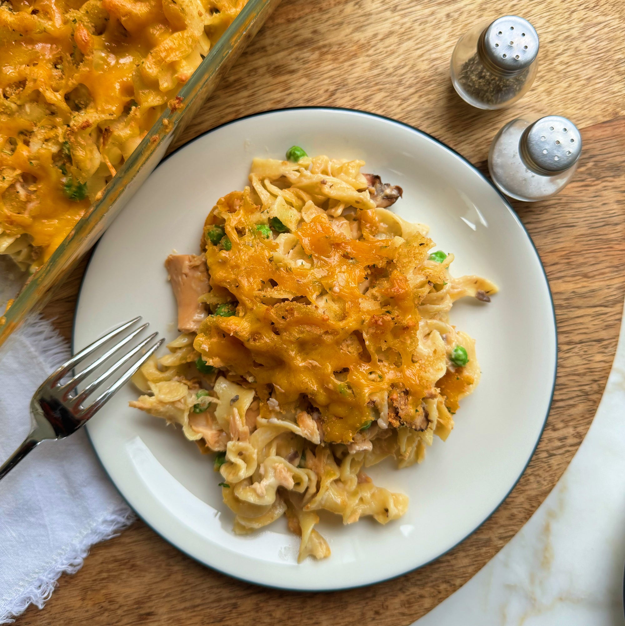 Tuna casserole made with Premier Catch canned albacore and served on a plate for lunch or dinner