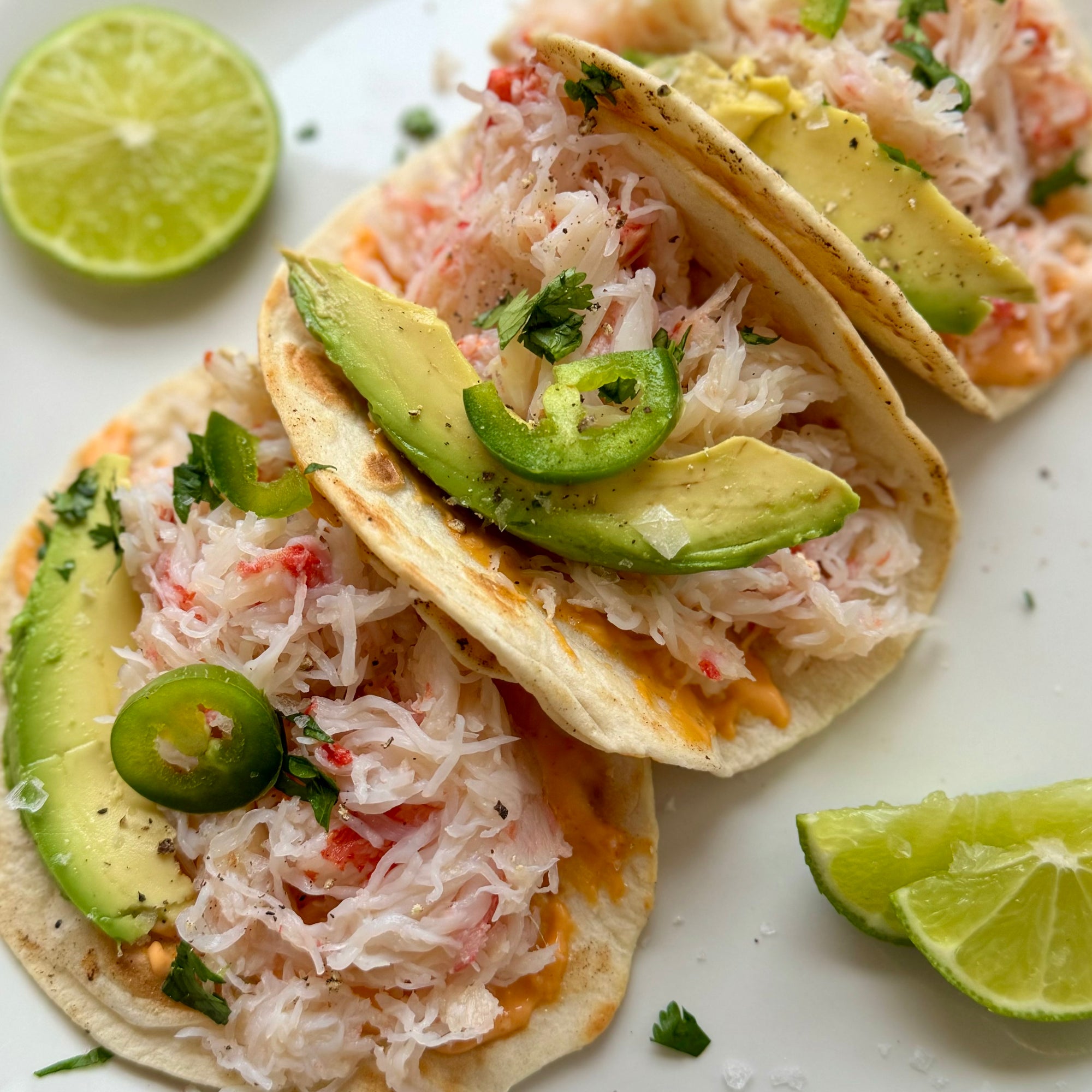 Snow Crab Tacos with Avocado and Taco Sauce