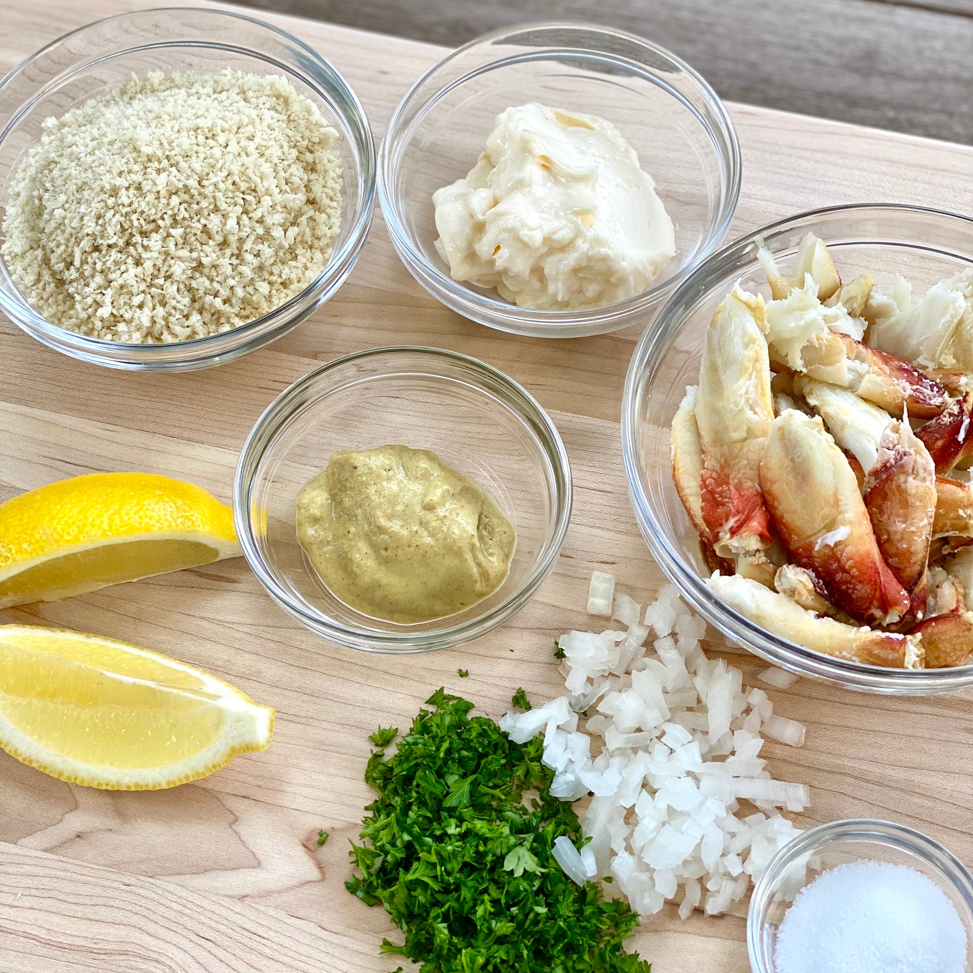 Ingredients for a seafood dish with crab in it