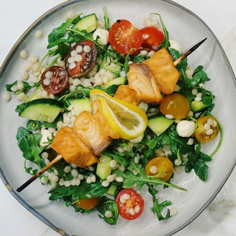 Grilled Salmon Skewers over Mediterranean Couscous Salad