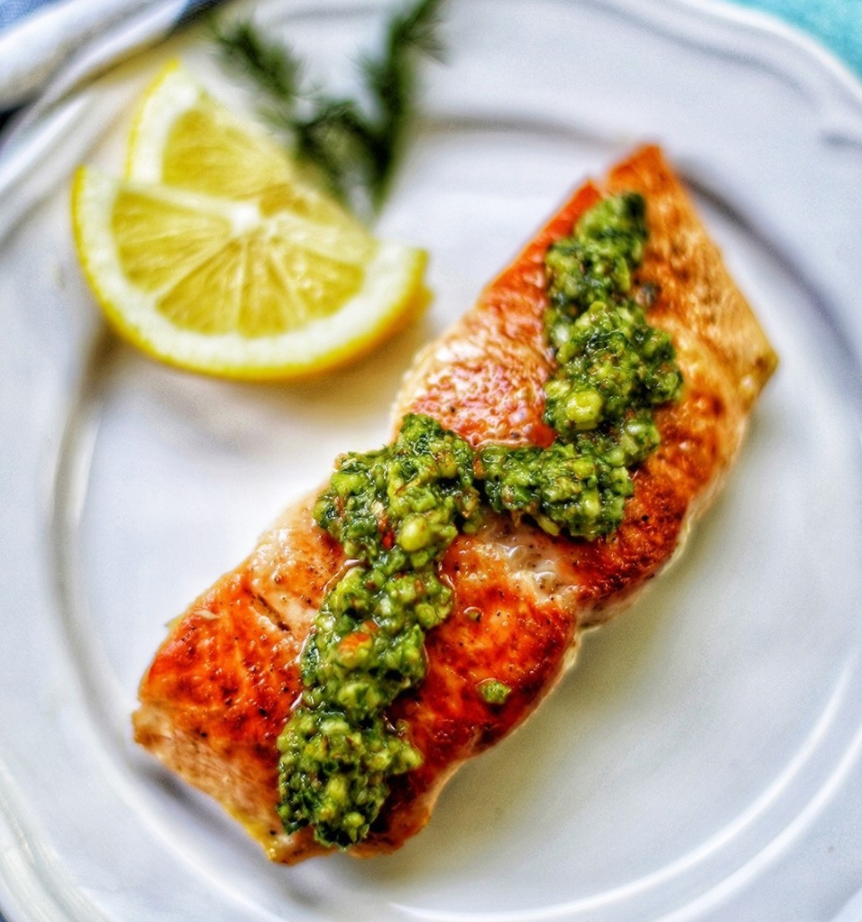 Pan-Seared Salmon with Almond Basil Pesto by UrbanBlissLife