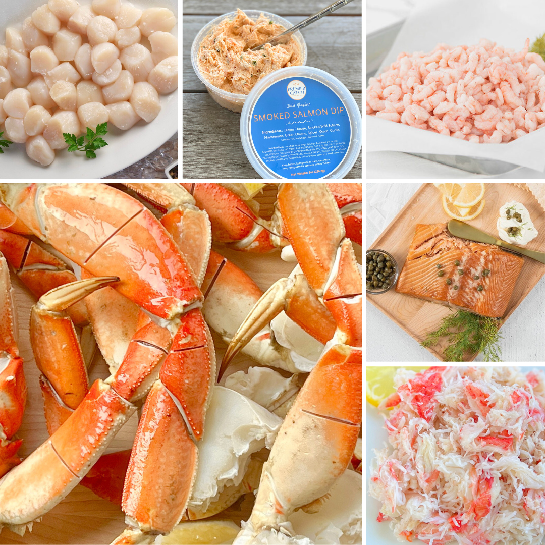 Seafood bundle including crab legs, crab meat, salmon, shrimp, scallops, and smoked salmon dip