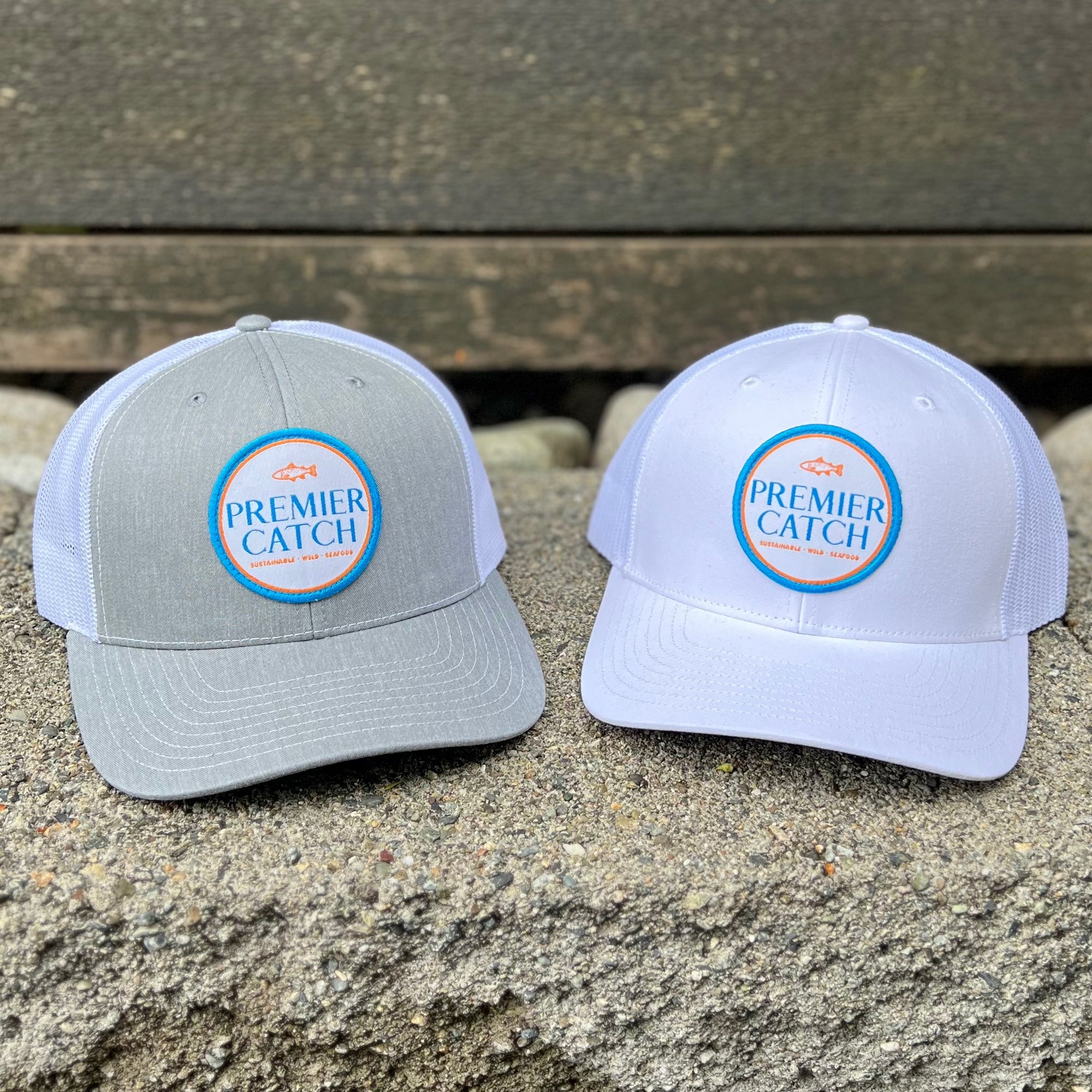 Grey and white PC trucker hats