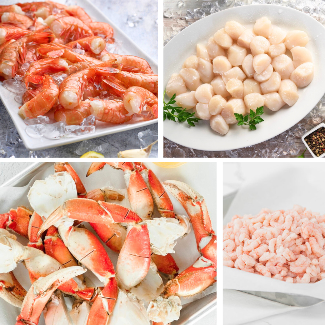 Wild Alaskan shellfish box including Alaskan spot prawns, Weathervane scallops, Dungeness crab, and Oregon shrimp.