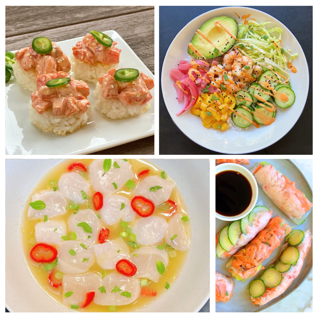 Delicious seafood dishes using sushi-grade sockeye salmon, Weathervane scallops, snow crab meat, and spot prawns.