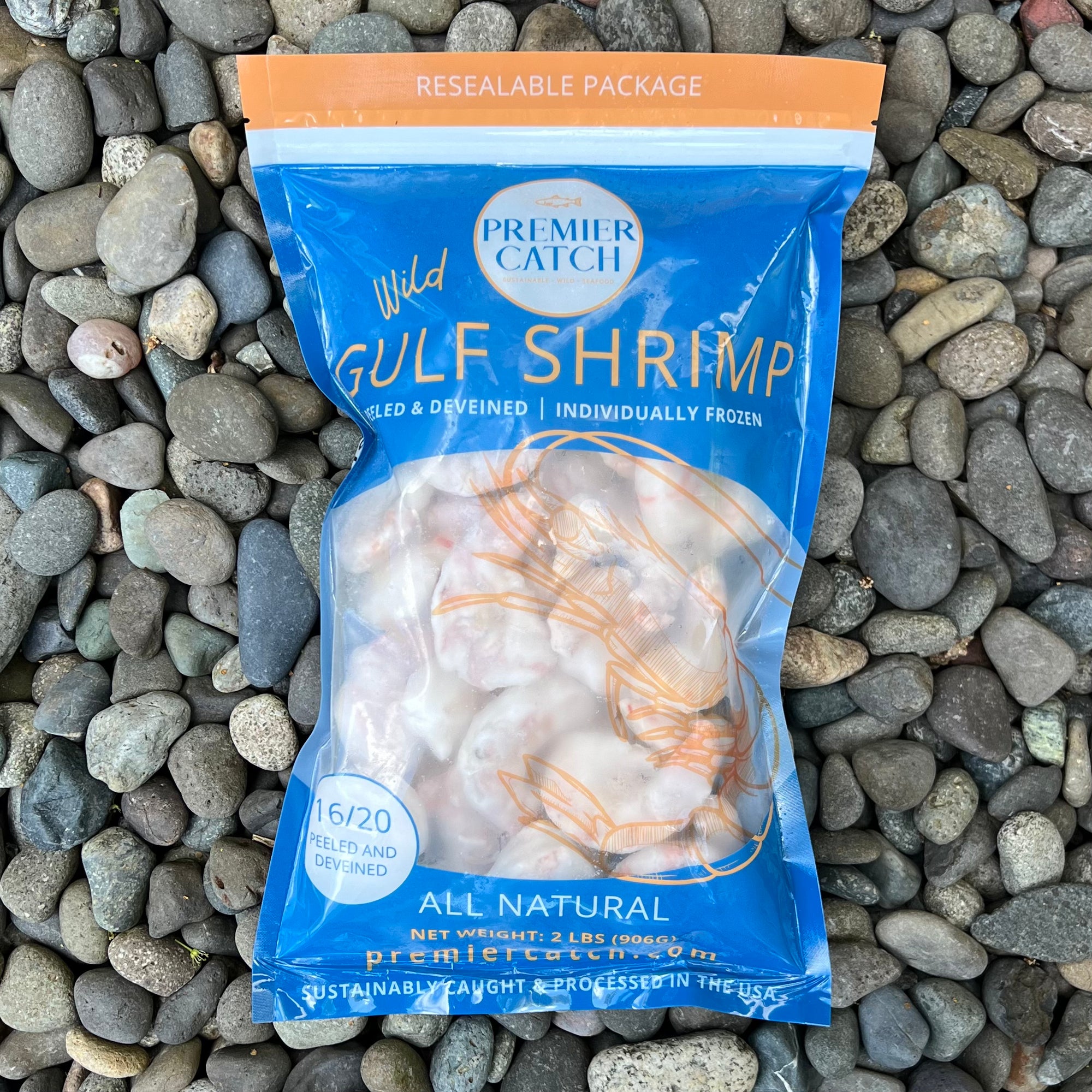 A 2L large bag filled with wild-caught Gulf shrimp.