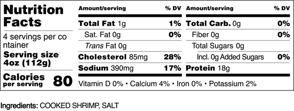 Horizontal corrected nutrition label for wild Oregon shrimp.